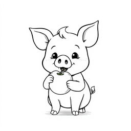 A charming black and white drawing of a cute piggy happily eating an apple