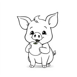 A charming black and white drawing of a cute piggy happily eating an apple