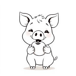 A charming black and white drawing of a cute piggy happily eating an apple