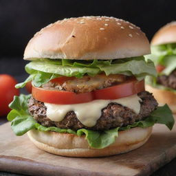 A deliciously indulgent burger with an abundance of rich, creamy, melted cheese lavishly streaming down the sides of a succulent beef patty, complemented by fresh lettuce and tomatoes, all within a crisp sesame-seed bun.