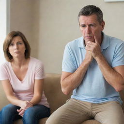 A powerful scene of two disheartened parents in conversation with their impassioned teenagers, who are behaving disrespectfully, their body language and expressions oozing defiance and frustration.