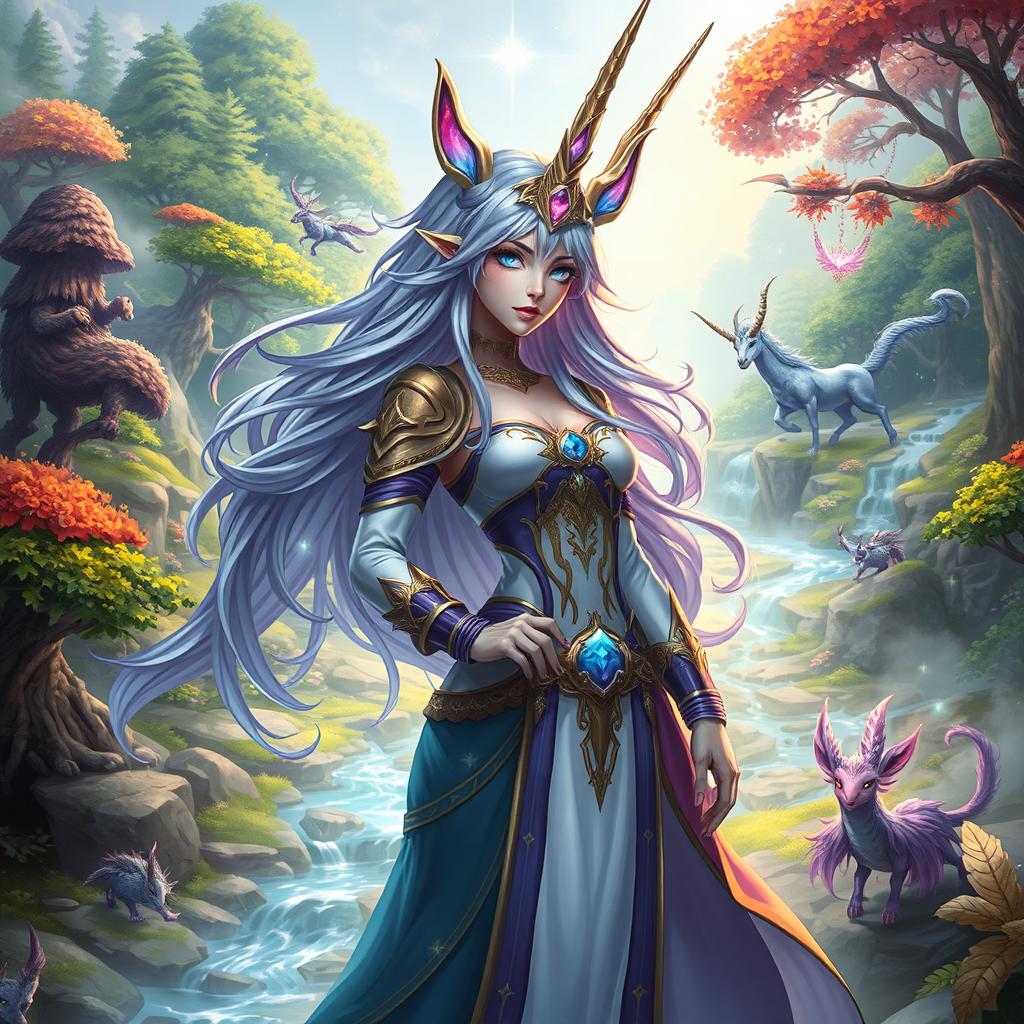 A powerful and enchanting female guild leader with a majestic unicorn horn, standing confidently in a vibrant fantasy landscape