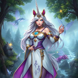 A powerful and enchanting female guild leader with a majestic unicorn horn, standing confidently in a vibrant fantasy landscape