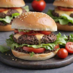 A deliciously indulgent burger with an abundance of rich, creamy, melted cheese lavishly streaming down the sides of a succulent beef patty, complemented by fresh lettuce and tomatoes, all within a crisp sesame-seed bun.