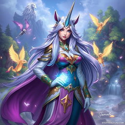 A powerful and enchanting female guild leader with a majestic unicorn horn, standing confidently in a vibrant fantasy landscape