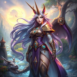 A powerful and enchanting female guild leader with a majestic unicorn horn, standing confidently in a vibrant fantasy landscape