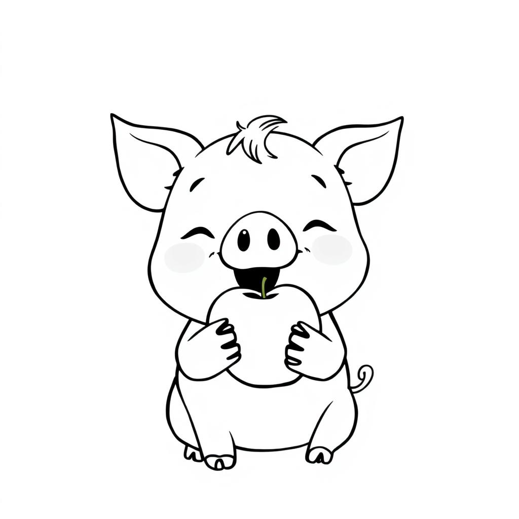 A charming black and white drawing of a cute piggy joyfully eating an apple