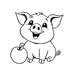 A charming black and white drawing of a cute piggy joyfully eating an apple