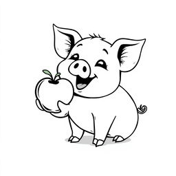 A charming black and white drawing of a cute piggy joyfully eating an apple