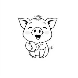 A charming black and white drawing of a cute piggy joyfully eating an apple