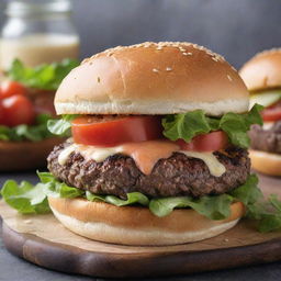 A deliciously indulgent burger with an abundance of rich, creamy, melted cheese lavishly streaming down the sides of a succulent beef patty, complemented by fresh lettuce and tomatoes, all within a crisp sesame-seed bun.