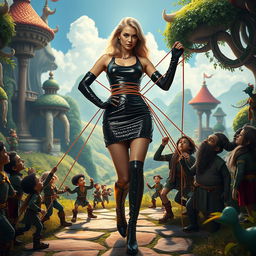 A fantastical scene featuring Gullivera, a strong and confident woman, wearing a shiny black miniskirt that sparkles under the light