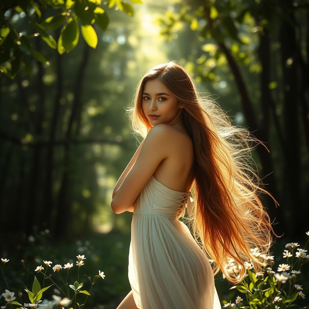 A beautiful, ethereal scene featuring a free-spirited young woman surrounded by a lush forest