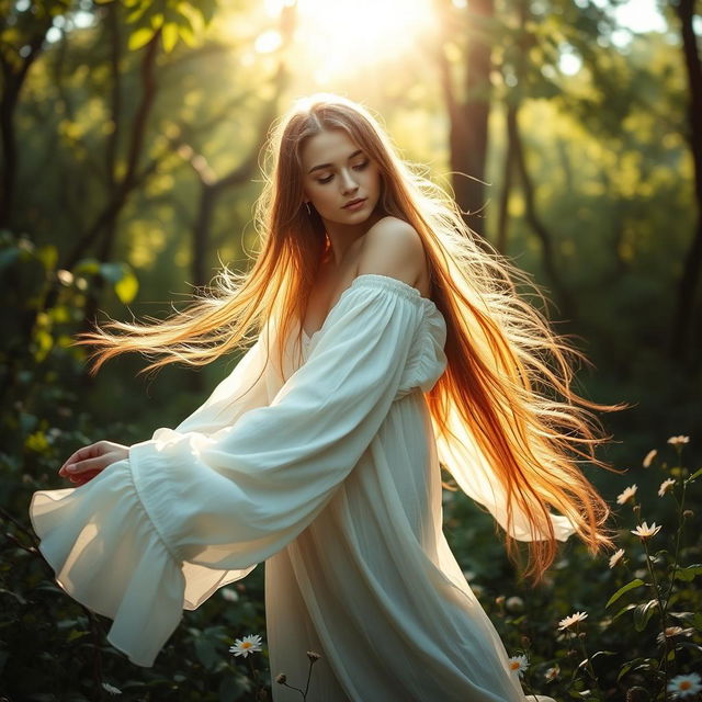 A beautiful, ethereal scene featuring a free-spirited young woman surrounded by a lush forest