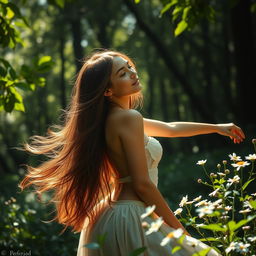 A beautiful, ethereal scene featuring a free-spirited young woman surrounded by a lush forest