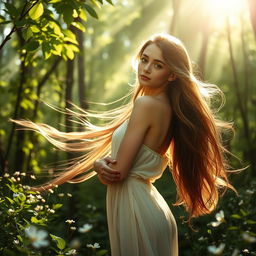 A beautiful, ethereal scene featuring a free-spirited young woman surrounded by a lush forest