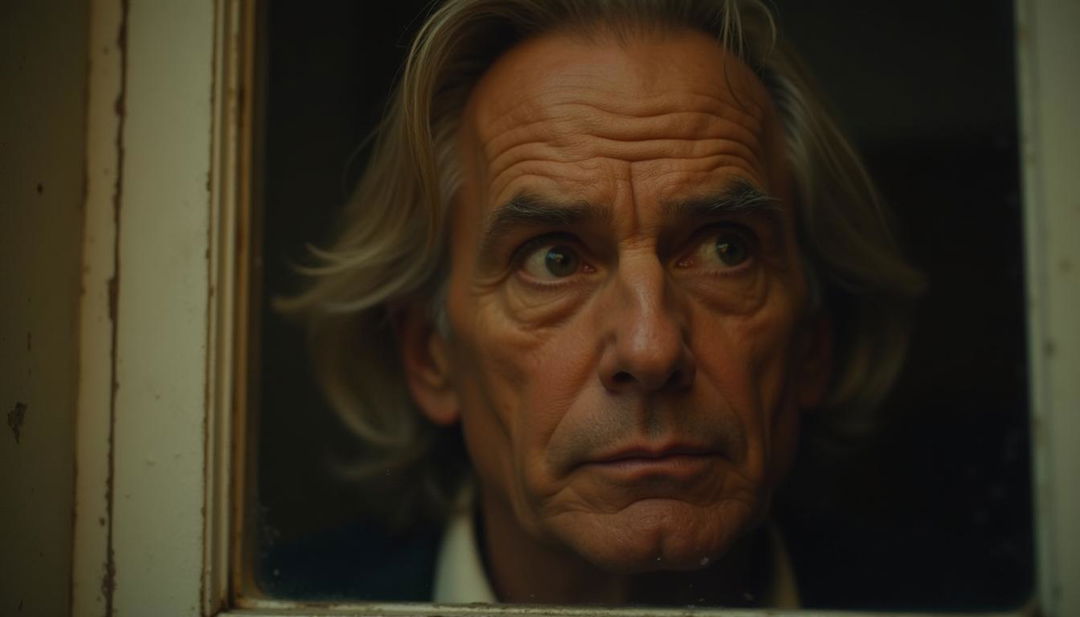 A close-up view of Jeremy Irons, showing only part of his face as he looks out with a concerned expression through a window