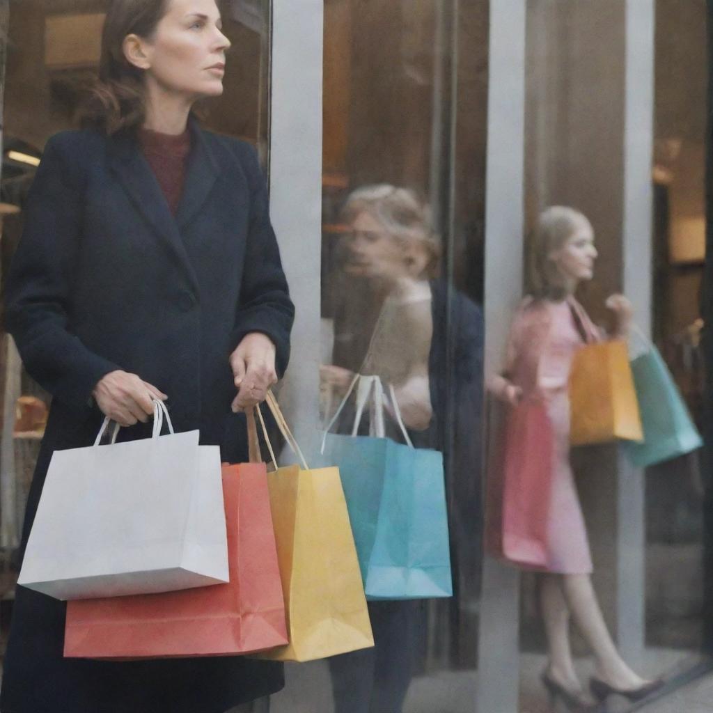 A thoughtful individual gazing at their reflection in a store window. In one image, they're holding an array of shopping bags, symbolic of consumer indulgence. In the reflection, they're portrayed window shopping, reflecting a contrast of restraint.