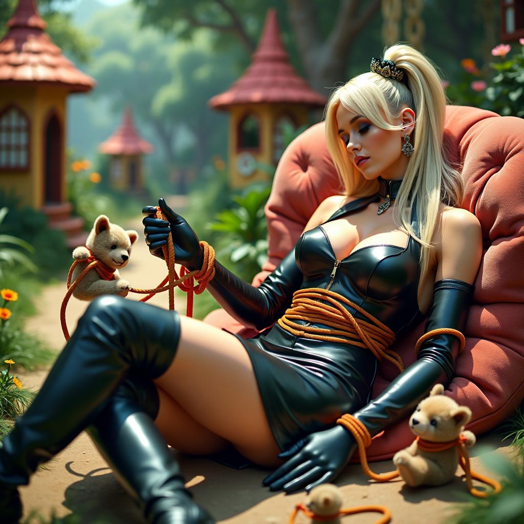A whimsical scene showcasing Gullivera, a strong and charismatic woman, peacefully sleeping on the ground