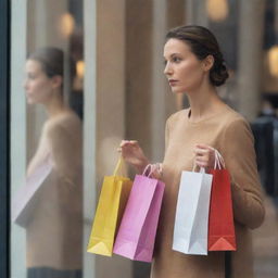 A thoughtful individual gazing at their reflection in a store window. In one image, they're holding an array of shopping bags, symbolic of consumer indulgence. In the reflection, they're portrayed window shopping, reflecting a contrast of restraint.