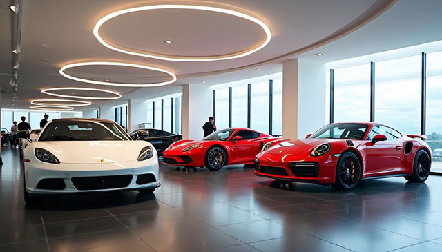 An indoor car dealership characterized by a bright white ceiling adorned with modern ambient ring-shaped lights that elegantly illuminate the space