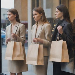 A thoughtful individual gazing at their reflection in a store window. In one image, they're holding an array of shopping bags, symbolic of consumer indulgence. In the reflection, they're portrayed window shopping, reflecting a contrast of restraint.