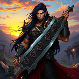 A fantasy character named Viti Glourson depicted as a powerful guild warrior