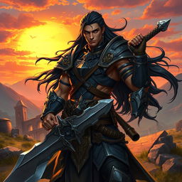 A fantasy character named Viti Glourson depicted as a powerful guild warrior