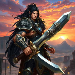 A fantasy character named Viti Glourson depicted as a powerful guild warrior