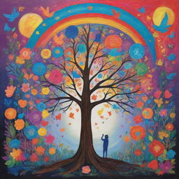 A 2D artwork depicting the concept of hope, brimming with vibrant colors and filled with symbols and elements that signify optimism and future