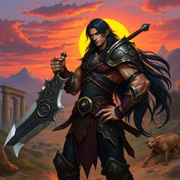 A fantasy character named Viti Glourson depicted as a powerful guild warrior