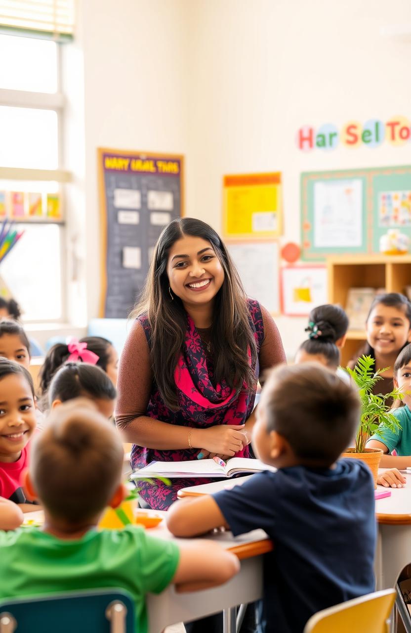 A warm and inviting classroom setting featuring Ilma Qureshi, a cheerful and inspiring teacher