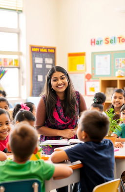 A warm and inviting classroom setting featuring Ilma Qureshi, a cheerful and inspiring teacher