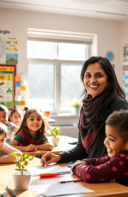 A warm and inviting classroom setting featuring Ilma Qureshi, a cheerful and inspiring teacher