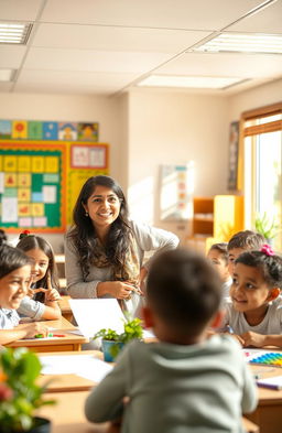 A warm and inviting classroom setting featuring Ilma Qureshi, a cheerful and inspiring teacher