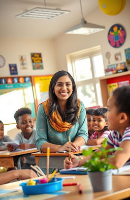 A warm and inviting classroom setting featuring Ilma Qureshi, a cheerful and inspiring teacher