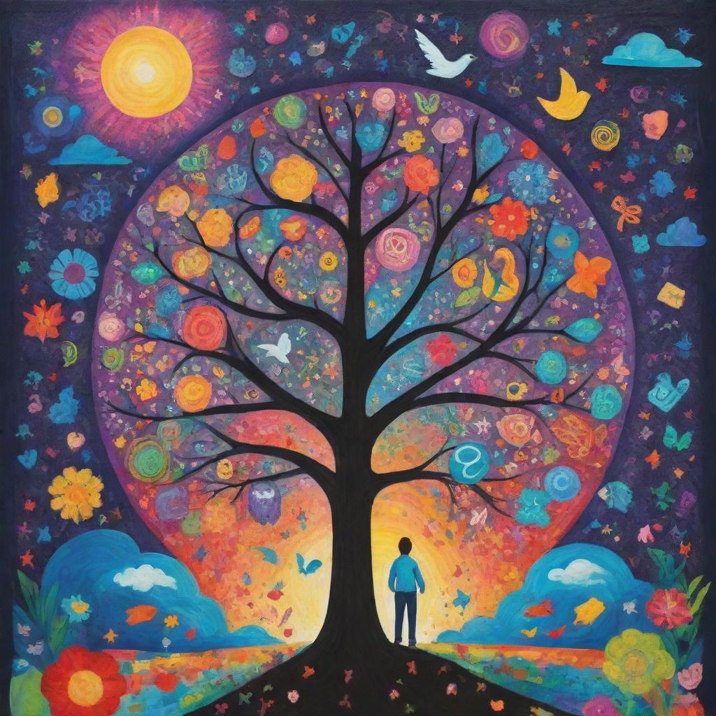 A 2D artwork depicting the concept of hope, brimming with vibrant colors and filled with symbols and elements that signify optimism and future