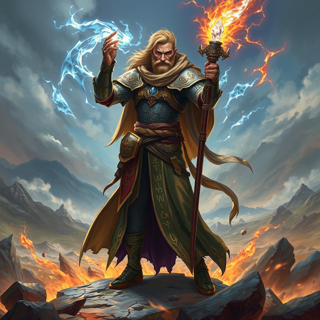 A powerful male mage warrior casting a spell, adorned in a mix of intricate armor and flowing robes, glowing runes visible on his attire