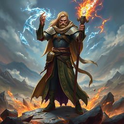 A powerful male mage warrior casting a spell, adorned in a mix of intricate armor and flowing robes, glowing runes visible on his attire