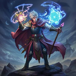 A powerful male mage warrior casting a spell, adorned in a mix of intricate armor and flowing robes, glowing runes visible on his attire