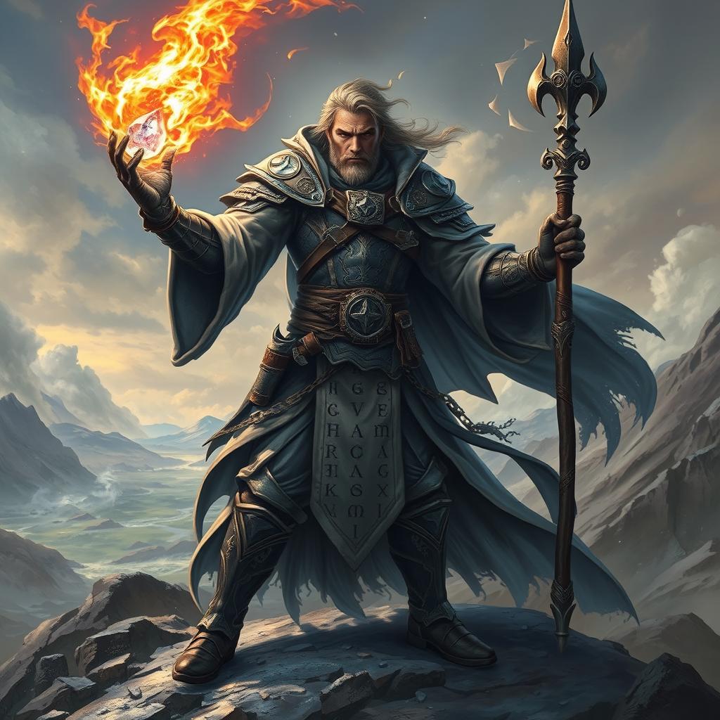 A powerful male mage warrior casting a spell, adorned in a mix of intricate armor and flowing robes, glowing runes visible on his attire