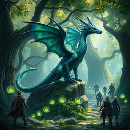 A fantasy scene featuring a Hallachi, a unique creature inspired by mythological dragons, with shimmering scales in vibrant hues of emerald green and deep sapphire blue