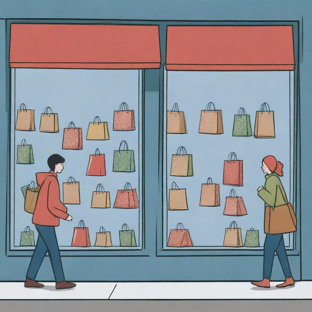 A cartoon illustration of an individual peering into their reflection on a shop window. One image shows them loaded with bundles of shopping bags, in a flurry of spending; the reflection, however, presents them merely window shopping, embodying simplicity.