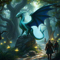 A fantasy scene featuring a Hallachi, a unique creature inspired by mythological dragons, with shimmering scales in vibrant hues of emerald green and deep sapphire blue