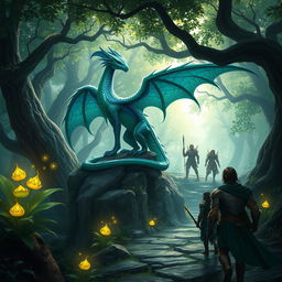 A fantasy scene featuring a Hallachi, a unique creature inspired by mythological dragons, with shimmering scales in vibrant hues of emerald green and deep sapphire blue