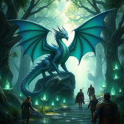 A fantasy scene featuring a Hallachi, a unique creature inspired by mythological dragons, with shimmering scales in vibrant hues of emerald green and deep sapphire blue