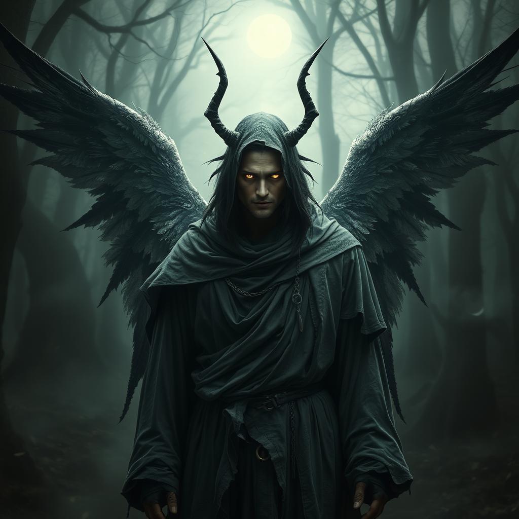 An Assimar monk with fallen angelic features, standing in a dark yet ethereal forest, clad in tattered robes that blend celestial and demonic aesthetics