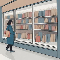 A cartoon illustration of an individual peering into their reflection on a shop window. One image shows them loaded with bundles of shopping bags, in a flurry of spending; the reflection, however, presents them merely window shopping, embodying simplicity.