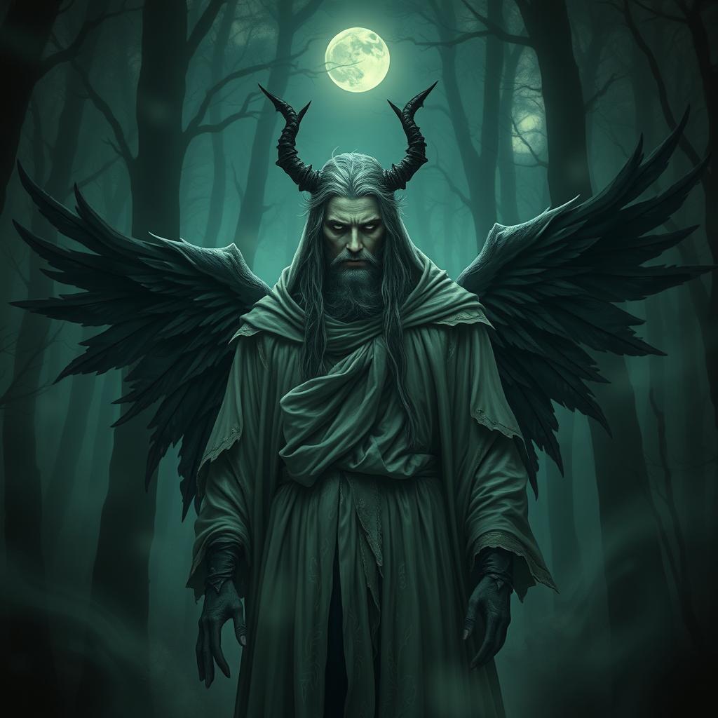 An Assimar monk with fallen angelic features, standing in a dark yet ethereal forest, clad in tattered robes that blend celestial and demonic aesthetics