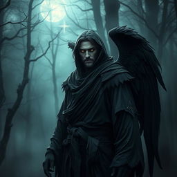 An Assimar monk with fallen angelic features, standing in a dark yet ethereal forest, clad in tattered robes that blend celestial and demonic aesthetics